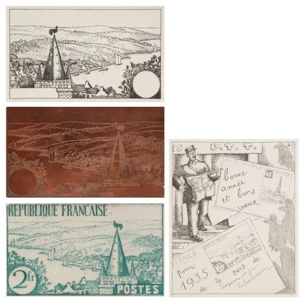 JEAN-ÉMILE LABOUREUR (1877-1943)
Les Nouveaux timbres. 1934. Eau-forte. 93 x 114. S. L. 497. Épreuve de l'état définitif sur vélin, annotée par Suzanne Laboureur. Joint: La Rivière bretonne. 1934. Burin. 120 x 170. S. L. V. 6. Réunion d'une épreuve sur vélin et de son cuivre gravé. Joint: timbre à 2 fr. gravé par Delzers d'après Laboureur, tiré en vert. Ens. 4 p. dans un cadre.