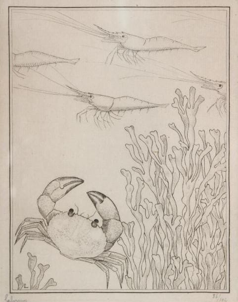 JEAN-ÉMILE LABOUREUR (1877-1943)
Marine IV: Les Crevettes. 1934. Burin. 160 x 200. S. L. 501. Épreuve sur vergé, signée et numérotée à la mine de plomb. Tirage total à 116 épreuves. Cadre.