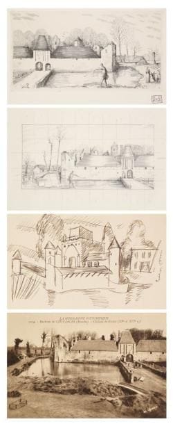 JEAN-ÉMILE LABOUREUR (1877-1943)
Le Vieux manoir (château de Gratot près de Coutances, Manche). 1935. Eau-forte et burin. 298 x 157. S. L. 503. Épreuve sur vélin blanc fort, d'un tirage posthume, revêtue du timbre au crabe. Joint: 2 dessins préparatoires, l'un à la mine de plomb sur vélin blanc, [316 x 211], avec mise au carreau et annotations, l'autre à la plume et à l'encre sépia sur vélin (page de carnet réglée), [185 x 114]. Joint: carte postale représentant ce château. Ens. 4 p.