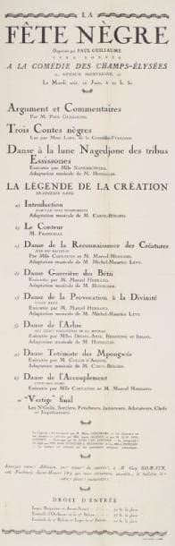 Jean-Émile Laboureur (collection de)
La Fête Nègre, organisée par Paul Guillaume, à la Comédie des Champs-Elysées le 10 juin (1919). Programme. 54 x 18 cm. Plié en quatre, probablement d'origine, un pli vertical. Extraordinaire et importantissime document. La liste des protagonistes est éloquente: «La légende est transposée par Blaise Cendrars. Les costumes ont été dessinés et exécutés par Mlle Janine Aghion et par Mr J.P. Fauconnet - tatouages par M. Kees Van Dongen - le cérémonial a été réglé par MM. André Dunoyer de Segonzac et Luc-Albert Moreau. La musique est exécutée «sur des instrument indigènes et authentiques». Celle des interprètes ne l'est pas moins (Honegger côté musique, Napierkowska et Caryathis pour la danse). Autodidacte, chaperonné par Apollinaire auprès des artistes du Bateau-Lavoir, Paul Guillaume devient rapidement le marchand incontournable des avantgardes ; le premier marchand-collectionneur, le premier agitateur culturel, il est aussi le premier marchand à défendre l'art primitif et fonde en 1912 la Société d'art et d'archéologie africaine. Annoncée dès 1918 dans le n° 2 des Arts de Paris cette fête africaine est un moment unique qui, le 10 juin 1919, vient clôturer sa grande exposition d'art africain et océanien - rien à voir avec la revue nègre qui, six ans plus tard et au même endroit, fera découvrir le jazz au Tout-Paris. Rarissime.