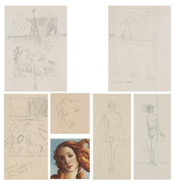 JEAN-ÉMILE LABOUREUR (1877-1943)
Études pour «Andromède». 1935. Réunion de 6 dessins à la mine de plomb sur vélin, préparatoires à la gravure (S. L. 504). Formats divers. Joint: reproduction du visage de la Vénus de Botticelli, ayant servi de modèle à l'un des dessins. Ens. 7 p. dans un cadre.