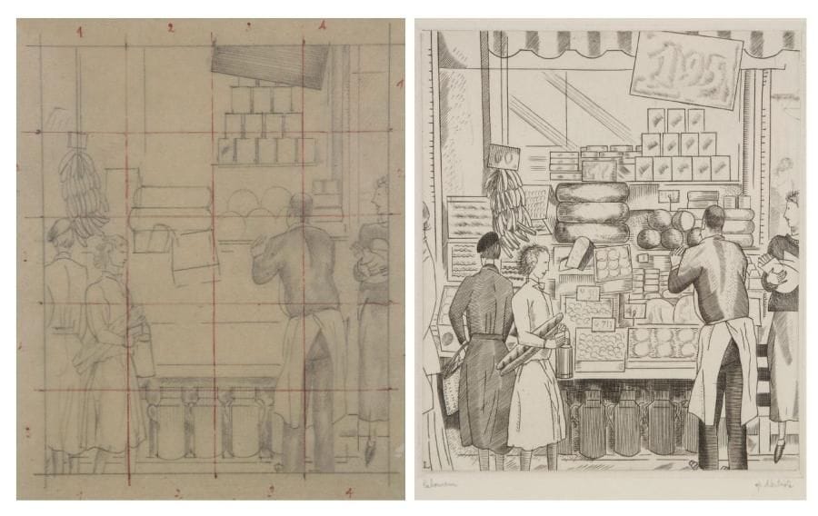 JEAN-ÉMILE LABOUREUR (1877-1943)
La Boutique du crémier. 1937. Burin. À vue: 135 x 156. S. L. 526. Épreuve sur vélin blanc, signée à la mine de plomb et annotée «ép. d'artiste». Tirage total à 120 épreuves environ. Joint: dessin préparatoire à la mine de plomb sur calque, à vue: 130 x 160, avec mise au carreau au stylo bille rouge. Ens. 2 p. dans un cadre.