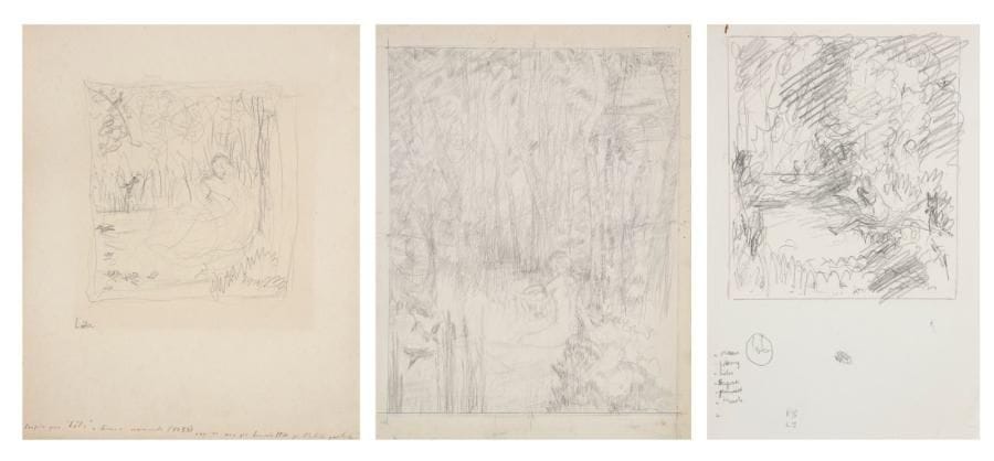 JEAN-ÉMILE LABOUREUR (1877-1943)
Léda et le cygne. 1939 (?). Dessins préparatoires à la mine de plomb sur vélin. À vue: 140 x 160, 175 x 185 et 287 x 370. Un titré «Léda» en pied. Ens. 3 p. dans deux cadres. Il s'agit (selon une note de S. L.) de la dernière commande passée à l'artiste. Ces dessins pourraient aussi être préparatoires à L'Enlèvement sans clair de lune... de Tristan Derême, édité par l'Automobile-Club de France en 1931. Cf. S. L., t. III, p. 219, ill. 17.