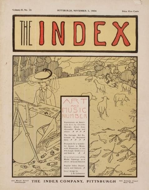 INDEX, THE. Art and Music number. Pittsburgh, The Index Company, 1904; 2 livraisons in-folio brochées. Jean-Émile Laboureur est présent dans ces deux numéros d'une revue culturelle de Pittsburgh. 2 juillet 1904: Long article sur son oeuvre peint et gravé avec portrait et 5 reproductions.- 5 novembre 1904: Grand et beau dessin tiré à fond chamois illustrant la page une de couverture.