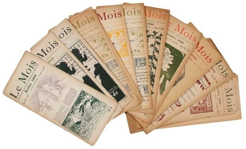 MOIS, LE. Mémento pratique. Paris, H. Floury, Juin-Décembre 1898; janvier et mars 1899; ensemble 9 fascicules gr. in-8 étroit (+ n° 1-4 en double), brochés, trois dos cassés. Le mémento signale des expositions, des événements mondains et parisiens, etc. Nombreuses publicités illustrées dans le goût de l'époque. Couvertures de G. Bottini, H. Rivière, G. de Feure, Jean Veber.