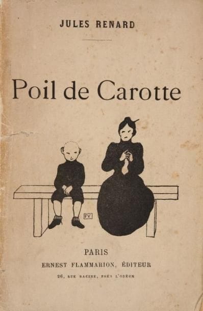RENARD Jules
Poil de Carotte. Paris, Ernest Flammarion, [1894]; in-12 broché, dos fendu avec petits manques. Édition originale. La couverture est ornée d'un dessin de Félix Vallotton. EXEMPLAIRE UNIQUE ORNÉ DE 44 DESSINS ORIGINAUX À L'ENCRE DE CHINE RÉPARTIS DANS LE BLANC DES PAGES ET ATTRIBUABLES À J.-É. LABOUREUR JEUNE (l'un d'eux esquissé à la mine de plomb). Vallotton illustrera de 50 dessins une nouvelle édition parue chez le même éditeur en 1903.