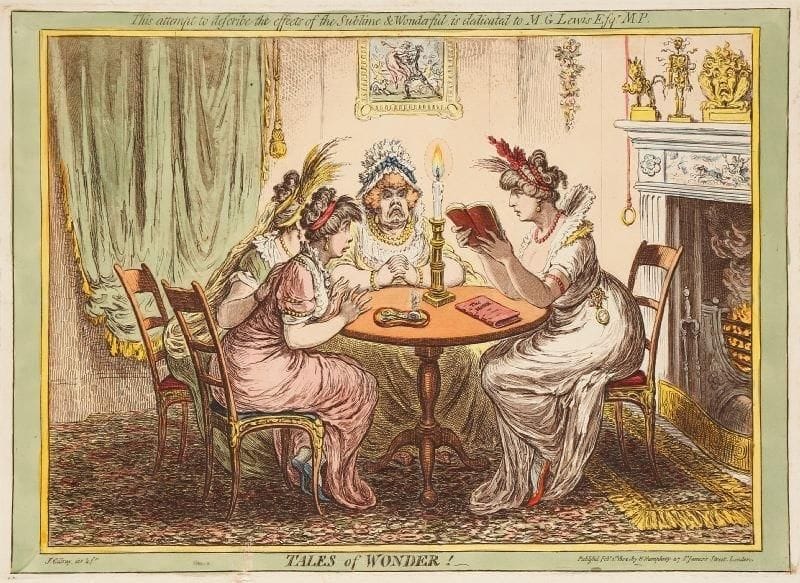 James Gillray (1757-1815)
Tales of Wonder ! (This attempt to describe the effects of the Sublime & Wonderful, is dedicated to M. G. Lewis Esqr M.P.) Février 1802. Eau-forte. 360 x 260. Épreuve sur vélin, en très beau coloris. Petits trous dans le sujet en pied. Taches claires dans les belles marges. Caricature sur la vogue des «Gothic novels».