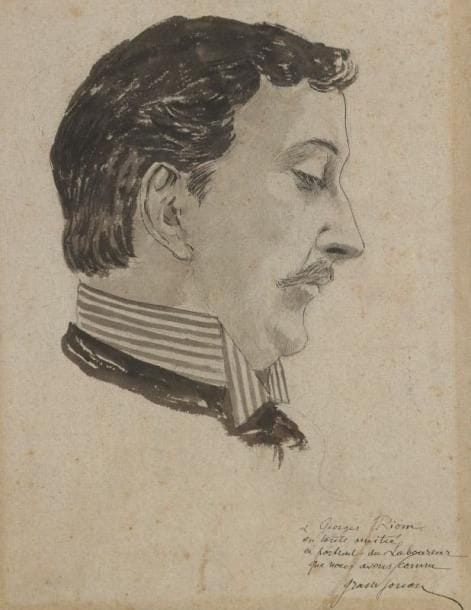 Jules Grandjouan (1875-1968)
Portrait de Jean-Émile Laboureur. Vers 1900. Dessin à l'encre de chine sur vergé beige. À vue: 184 x 237. Annoté dans l'angle inférieur droit: «A Georges Riom / en toute amitié / ce portrait du Laboureur / que nous avons connu / Grandjouan». Rousseurs. Plis obliques. Cadre. Jules Grandjouan était le cousin de Jean-Émile Laboureur. Issu de la bourgeoisie nantaise, il fournit de 1901 à 1912 des caricatures d'inspiration anarchiste à L'Assiette au beurre. Notre dessin est reproduit in S. L., t. IV, p. 325.