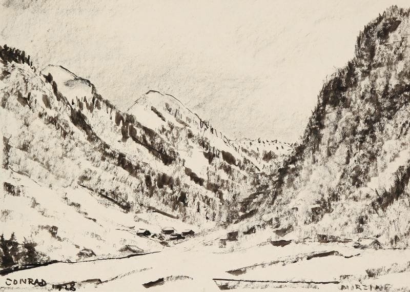 Conrad Kickert (1882-1965)
Morzine. 1928. Dessin au pinceau et à l'encre de chine sur vélin mince blanc, monté à chaud sur vélin fort teinté, [349 x 273], signé et daté en bas à gauche, puis titré en bas à droite.