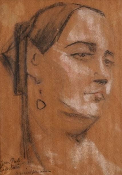 Jules Grandjouan (1875-1968)
[Tête de femme]. Dessin au fusain et au pastel, sur vergé chamois. À vue: 165 x 235. Dédicacé en pied à gauche: «à Jean-Paul Coutan» et signé. Traces de plis. Cadre. Jean-Paul Coutan-Laboureur était le neveu de Jean-Émile Laboureur (cf. notre n°166).