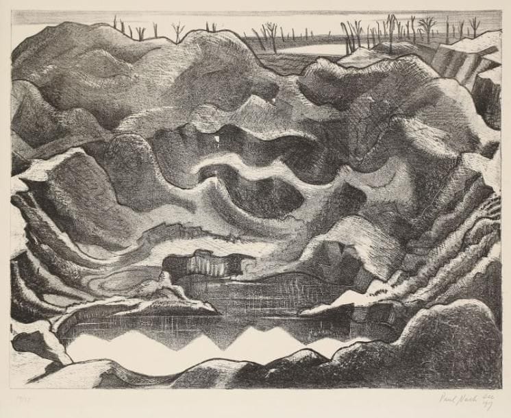 Paul Nash (1889-1946)
The Mine Crater, Hill 60, Ypres Salient (Le Cratère de mine, Colline 60, au Saillant d'Ypres). 1917. Lithographie. 455 x 350. Épreuve sur vergé crème, numérotée, signée et datée «Dec 1917» à la mine de plomb. Nombreux plis cassés et courtes déchirures aux bords des grandes marges. Rare. Tirage à 25 épreuves. Paul Nash fut chargé en 1917, en tant qu'artiste officiel, de rendre compte des combats en Flandre. Ses lithographies furent pour la première fois exposées l'année suivante à Londres, aux Leicester Galleries.