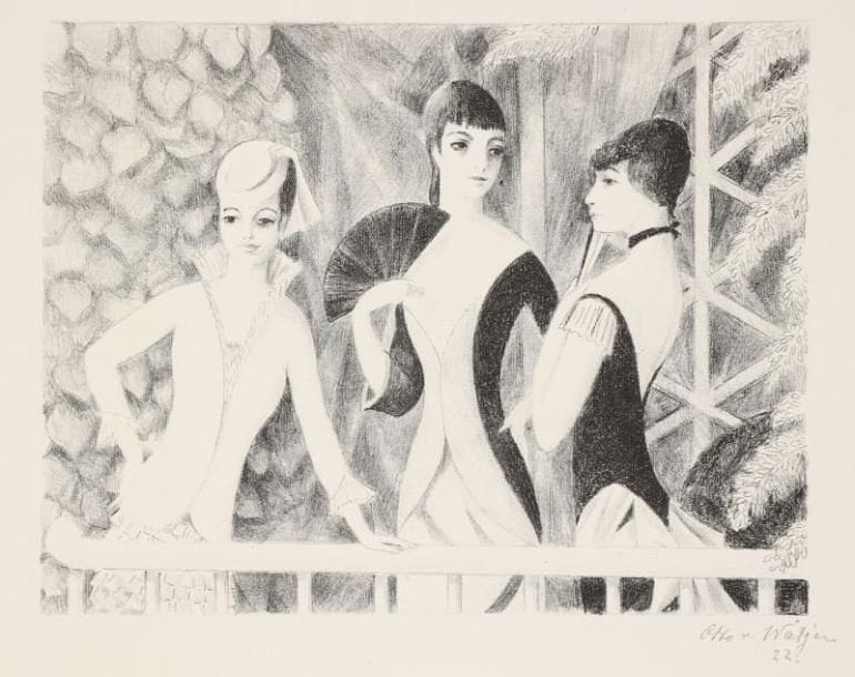 Otto von Wätjen (1881-1942)
Les Soeurs de l'artiste et Marie Laurencin (à droite). 1922. Lithographie. 375 x 295. S. L., t. IV, p. 320. Épreuve sur vergé blanc. Toutes marges. Marie Laurencin épousa le 22 juin 1914, à l'âge de 31 ans, le baron allemand, dilettante francophile et noceur, Otto Christian Heinrich von Wätjen. À la déclaration de guerre, le couple se réfugia en Espagne. Ils divorcèrent en 1921.