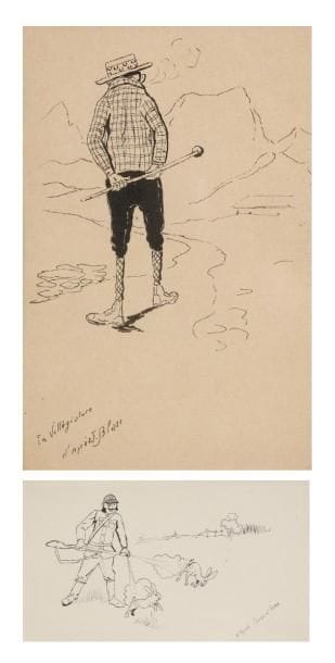 JEAN-ÉMILE LABOUREUR (1877-1943)
Chasseur; En villégiature. Vers 1893. Dessins d'après des humoristes. Plume et encre de chine sur vélin. À vue: 120 x 70 et 80 x 120. Annotés respectivement «d'après Caran d'Ache» et «d'après J. Blass». Ens. 2 p. dans un cadre.