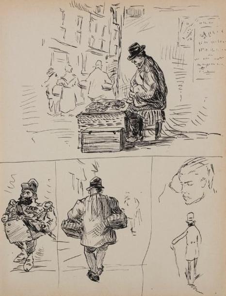 JEAN-ÉMILE LABOUREUR (1877-1943)
[Dans la rue, quatre croquis]. 1893-1894. Dessin à la plume et à l'encre de chine sur vélin mince (page de carnet). [169 x 222]. Selon une annotation de S. L., ce feuillet est extrait du Cahier de Rhétorique de l'écolier.