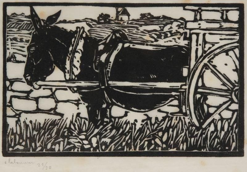 JEAN-ÉMILE LABOUREUR (1877-1943)
L'Âne attelé. 1896. Bois gravé. 139 x 88. S. L. 556. Épreuve sur japon mince, signée et numérotée à la mine de plomb. Joint: contre-épreuve du même sujet, sur vélin, et dessin préparatoire à la mine de plomb sur vélin. À vue: 180 x 120. Ens. 3 p. dans un cadre.