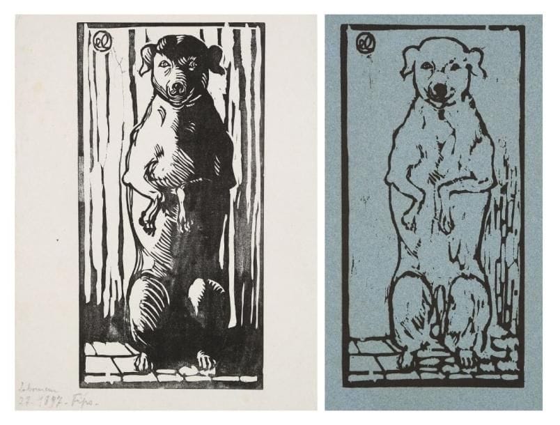JEAN-ÉMILE LABOUREUR (1877-1943)
Fips. 1897. Bois gravé. 103 x 202. S. L. 570. Unique épreuve du 1er état (sur 2), avant champlevage d'une partie du sujet, sur chine volant. Quelques rousseurs claires et petit manque dans l'angle supérieur gauche du feuillet. Joint: même estampe. L'une des 5 épreuves du 2e état, tirée sur vergé teinté bleu. Pli cassé oblique dans l'angle inférieur gauche du feuillet. De toute rareté. Tirage total à 6 épreuves. Ens. 2 p