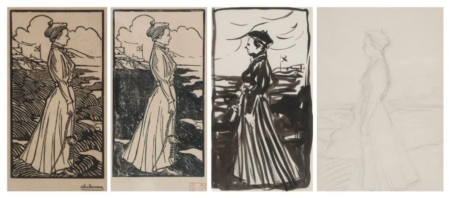 JEAN-ÉMILE LABOUREUR (1877-1943)
Jeune fille au bord de la mer. 1897 ou 1899. Bois gravé. 110 x 200. S. L. 575. Réunion de 2 épreuves sur vélin, l'une du 1er état (sur 2), avant de nouveaux travaux, revêtue du timbre au crabe et l'autre du 2e état, signée à la plume et à l'encre de chine. Joint: 2 dessins préparatoires, l'un à la plume et à l'encre de chine, l'autre à la mine de plomb, sur vélin. À vue: 125 x 225 et 153 x 220. Ens. 4 p. dans un cadre.