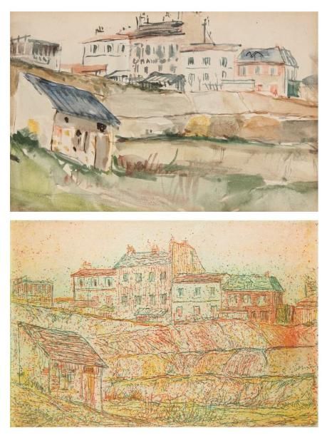 JEAN-ÉMILE LABOUREUR (1877-1943)
Maisons au bord de la Bièvre. 1897. Eau-forte sur zinc. 125 x 90. S. L. 7 bis. Impression en couleurs. Épreuve sur vélin blanc. De toute rareté. Tirage à 2 ou 3 épreuves en couleurs (outre 3 en noir). Joint: aquarelle. À vue: 113 x 75. Ens. 2 p. dans un cadre.