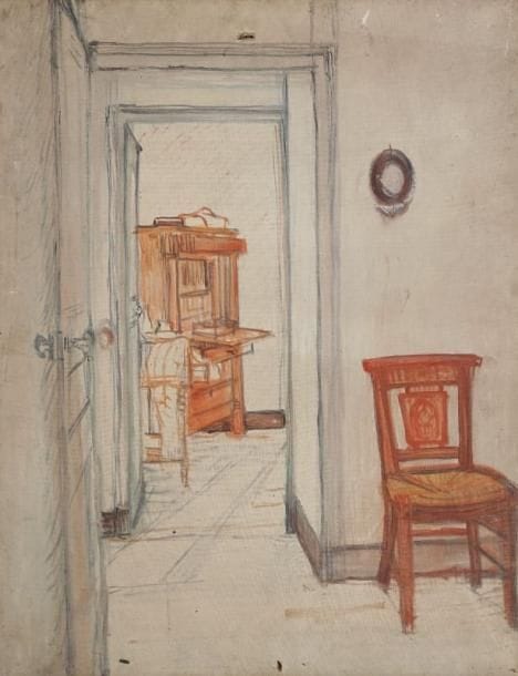 JEAN-ÉMILE LABOUREUR (1877-1943)
La Chambre au secrétaire. Vers 1898. Huile sur toile. 570 x 730. S. L. 7. Usures sur les bords. Trous au-dessus de la porte et en pied.