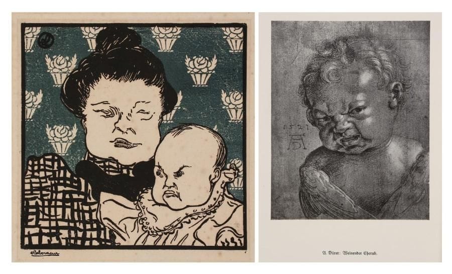 JEAN-ÉMILE LABOUREUR (1877-1943)
Jeune enfant et sa bonne. 1898. Bois gravé. 270 x 277. S. L. 583. Impression en noir et bleu. L'une des 6 épreuves d'ancien tirage sur vélin fort texturé (avant le tirage de 1989), signée et numérotée à la plume et à l'encre. Traces d'oxydation autour du sujet. Quelques rousseurs éparses. Épidermures aux bords du feuillet au verso. Très rare. Tirage total à 14 épreuves. Joint: 3 dessins préparatoires à la mine de plomb sur vélin (pages de carnet dont un double feuillet), 2 avec mise au carreau. Ens. 4 p. La reproduction jointe d'un dessin de Dürer, Weinender Cherub (Angelot pleurant), de 1521, conservée par l'artiste, permet de comprendre où il puisa l'image de cette figure d'enfant grimaçant.