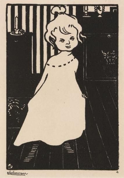 JEAN-ÉMILE LABOUREUR (1877-1943)
La Petite fille en chemise. 1898. Bois gravé. 132 x 195. S. L. 589. Épreuve sur vergé mince crème, signée et numérotée à la plume et à l'encre. Traces claires d'oxydation à l'ouverture du montage et en tête au verso. Très rare. Tirage total à 12 épreuves.