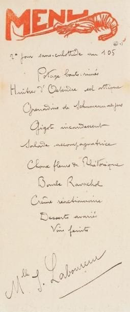 JEAN-ÉMILE LABOUREUR (1877-1943)
Menu à la crevette. 1898. Bois gravé. [104 x 240]. S. L. 594. Impression en rouge corail. Épreuve sur vergé crème, signée du monogramme à la plume et à l'encre sous la queue de la crevette, portant le texte humoristique du menu manuscrit, annotée «Mlle J. Laboureur» (pour la soeur de l'artiste - exemplaire reproduit in S. L., t. II, p. 519). De toute rareté. Oeuvre d'inspiration japonisante grâce à laquelle «l'artiste obtient une première «récompense» puisqu'il décroche une «troisième mention» à un concours organisé par La Revue universelle.» (S. L.).