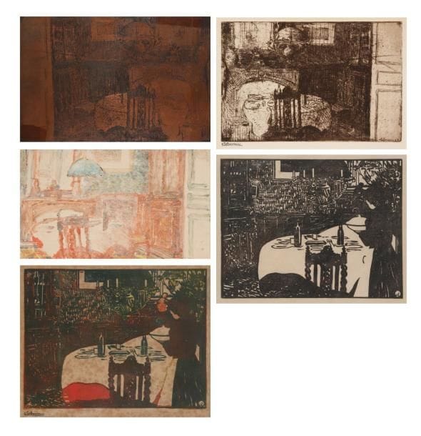 JEAN-ÉMILE LABOUREUR (1877-1943)
La Soupe. 1898. Bois gravé. 167 x 130. S. L. 595. Épreuve sur vergé crème, l'une des rares tirées en couleurs en 1901, signée à la plume et à l'encre, fortement oxydée. Tirage total à env. 10 épreuves. Joint: épreuve d'un tirage posthume en noir sur vélin, revêtue du timbre au crabe. Joint: Intérieur. 1898. Eau-forte. 180 x 120. S. L. 20. Épreuve sur vergé, signée à la plume et à l'encre. Tirage total à env. 30 épreuves. Joint: cuivre gravé. 181 x 120. S. L. 20. Petites traces d'oxydation. Joint: monotype en couleurs. 200 x 120. Ens. 5 p. dans un cadre.