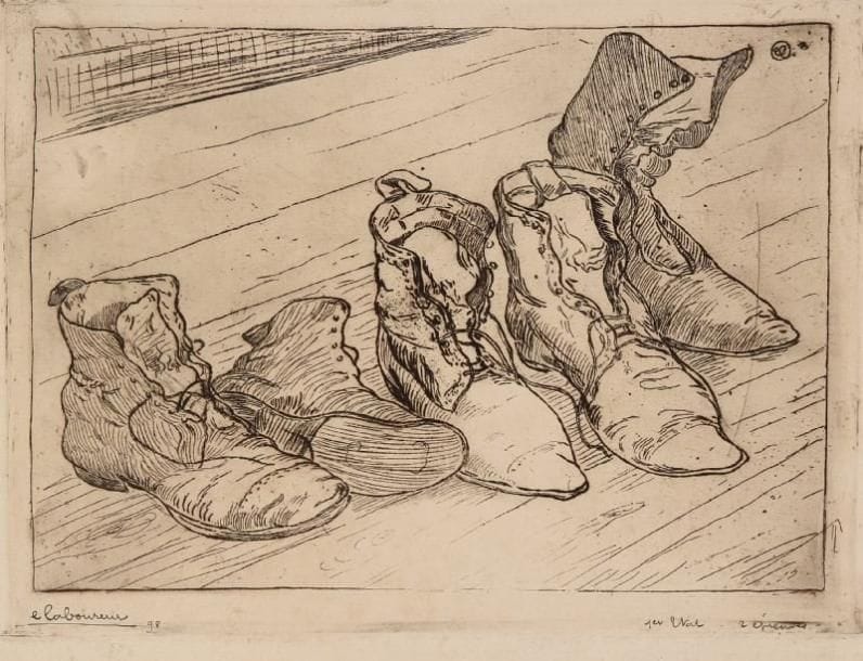 JEAN-ÉMILE LABOUREUR (1877-1943)
Les Souliers. 1898. Eau-forte sur zinc. 235 x 178. S. L. 12. Épreuve sur vergé fort ivoire, du 1er état (sur 2), avant de nouveaux travaux et avant le monogramme gravé, signée à la plume et à l'encre, datée, annotée «1er Etat 2 épreuves». De toute rareté. Tirage total à 29 épreuves. Planche de jeunesse trahissant l'influence de Van Gogh et du graveur Jules Jacquemart, dont Laboureur avait pu voir la planche Souvenir de voyage (souliers dans un coin d'atelier, 1862) dans l'album de la Société des Aquafortistes paru chez Cadart.