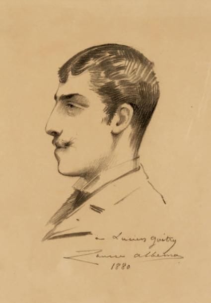 Louise ABBÉMA (1858-1927)
Lucien Guitry, 1880. Dessin au crayon gras, dédicacé et signé en bas à droite: « à Lucien Guitry / Louise Abbema / 1880 ». 19,5 x 14 cm. © Portrait en buste, de profil, du comédien Lucien Guitry (1860- 1925), père de Sacha. Luxembourg 428. Exposition Sarah Bernhardt, Espace Pierre Cardin, 1976, n° 255. J?avoue ne pas être très « collectionneur ». Personne n?est parfait. Sacha Guitry l?était, lui, ô combien ! Soumis à une pulsion, - identique à celle qui l?invitait à écrire: « tout ce que je fais tourne en littérature..., c?est une roue qui m?entraîne et si j?avais des puces...je ferais une pièce sur les puces ! » -, Sacha Guitry, obéissant à cette roue, avait transformé en musée sa maison du Champ de Mars, off rant ses murs aux plus grands peintres et recueillant livres et objets, avec passion. Admirateur fou (dès son plus jeune âge) de Sacha Guitry, André Bernard a fait sienne cette passion. Il a rassemblé une prodigieuse collection de lettres et d?objets, de livres et de tableaux, de dessins aussi (merveilleux caricaturiste Sacha !), ayant appartenu à ce créateur d?exception, auteur de 124 pièces, de 36 films, et qui a parcouru le monde pour lui apporter une part essentielle de lui-même: la légèreté et l?esprit français. Aujourd?hui, André Bernard veut « transmettre » en tant que « dépositaire », dit-il, d?un patrimoine. On ne peut que le remercier de cette décision. Elle permet de faire revivre une fois encore ce magicien des mots, Sacha Guitry, « Molière d?Albert Lebrun », comme l?appelle malicieusement cet autre admirateur de Sacha, Alain Decaux. Sacha Guitry écrivait: « Je pars du principe que plus on comprend et plus on aime. Que plus on aime mieux on admire. Et que mieux on admire plus on est heureux ! ». Si vous aimez Sacha Guitry... ne manquez pas d?aller à la rencontre d?André Bernard et de ses choix. Ils vous rendront heureux. Jean Piat.  Est-il besoin, au seuil de ce catalogue, de faire la parade, de composer en quelque sorte une affi che alléchante, co