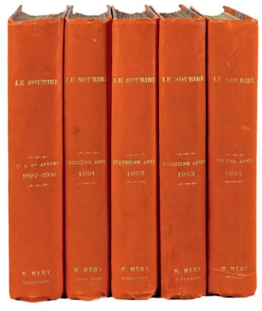 Le SOURIRE. Revue Le Sourire, 1ère à 6e années, 1899-1904. 5 vol. in-4, rel. demi-percaline orange à coins (qqs lég. rouss.). Rare tête de collection de cette revue d'humour illustrée, dont Maurice Méry était le directeur et Alphonse Allais le rédacteur en chef. Alphonse Allais est le principal rédacteur, sous son nom ou sous des pseudonymes (dont Ésope fils), avec d'autres auteurs comme Georges Auriol, Dominique Bonnaud, Tristan Bernard, Narcisse Lebeau, Miguel Zamacoïs, etc.; mais aussi Max Jacob, principalement sous le pseudonyme de Léon David, mais qui signe de son nom en 1904 un conte, La Prime de la "Sarahmitaine". Parmiles nombreux illustrateurs, on note Grün, Cappiello, Devambez, Hermann Paul, Charles Huard, Léandre, Jacques Villon, Abel Faivre, M. Radiguet, Roubille, Grass-Mick, Depaquit, Gottlob, Villemot, Rouveyre, F. Bac, P. Iribe, G. Redon, Poulbot, Gus Bofa, A. Hellé, etc. Le Sourire a inséré 23 dessins de Sacha Guitry du 24 octobre 1903 au 30 juillet 1904. 1899, du n° 1 (28 octobre) au n° 10 (30 décembre); 1900, du n° 11 (6 janvier) au n° 62 (29 décembre); 1901, du n° 63 (5 janvier) au n° 114 (28 décembre); 1902, du n° 115 (4 janvier) au n° 166 (27 décembre); 1903, du n° 167 (3 janvier) au n° 218 (26 décembre); 1904, du n° 219 (2 janvier) au n° 271 (31 décembre). Les première et quatrième de couverture sont imprimées en couleurs.