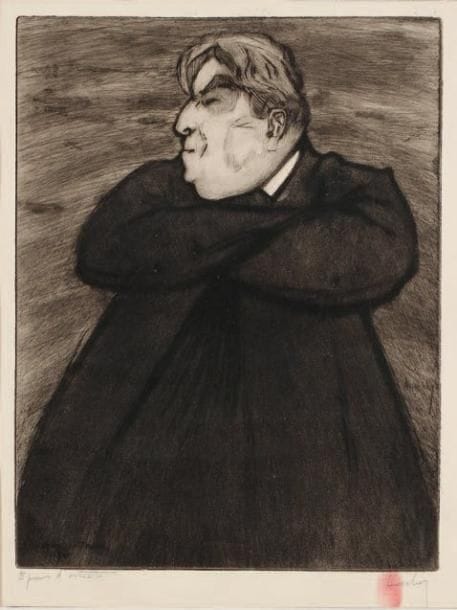 Jean AUSCHER (1898-1950)
Lucien Guitry, le Tribun. Eau-forte originale, « épreuve d'artiste » signée en bas à droite. 41 x 34 cm. Portrait de Lucien Guitry dans Le Tribun de Paul Bourget (Vaudeville, 15 mars 1911). Luxembourg 355.