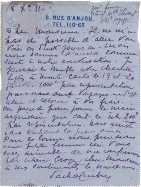 Charlotte LYSÈS (1877-1956)
L.A.S. « Sacha Guitry », 8, rue d'Anjou 8 décembre 1911, à M. Comte-Offenbach; 1 page in-12, adresse. Lettre écrite pour son mari: « Je jouerai Le Mufle avec Charlotte Lysès à Monte Carlo le 19 et 20 janvier 1000f par représentation pour nous deux. Voyages en 1ère aller et retour à vos frais. On prend pour jouer le mari Arquillière qui sait le rôle 300f par représentation. [...] Pour la bonne nous prendrons une petite femme ici. Vous serez aimable de me confirmer par retour »...