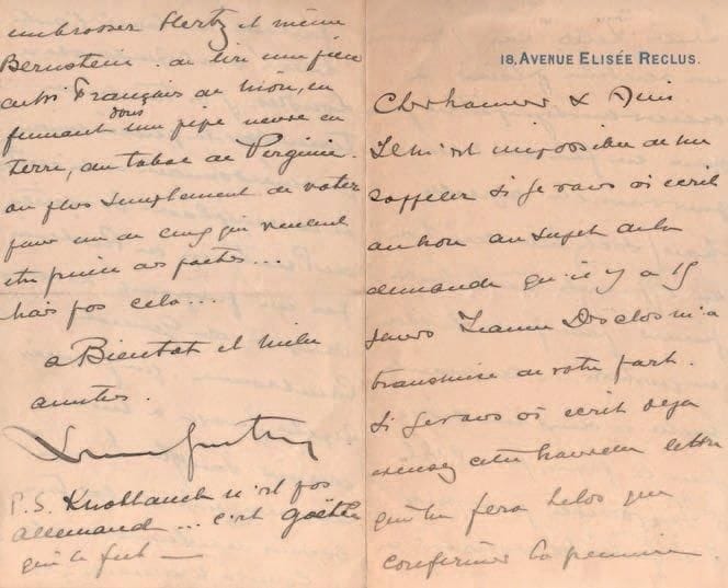 Lucien GUITRY (1860-1925)
L.A.S., 18, avenue Élisée Reclus [1912 ?], à un ami; 4 pages in-8. Spirituelle lettre de refus: « on m'off rirait trente mille francs pour faire la chose en question... cinquante mille... deux millions je ne la ferais pas. C'est l'Impossible pour moi ! J'ai failli m'évanouir en portant un toast l'autre hiver ! & cet automne à Londres j'ai tremblé de terreur sous la pensée impérieuse qui m'ordonnait de m'arrêter, et de remplacer les variations de Printemps de Richepin par un fragment des oeuvres complètes du général Cambronne, que j'aurais répété jusqu'à mon dernier souffle ! - Demandez-moi d'aller tous les soirs de la semaine à la Comédie Française, d'embrasser Hertz et même Bernstein, de lire une pièce de M. François de Nion, en fumant dans une pipe neuve en terre, du tabac de Virginie, ou plus simplement de voter pour un de ceux qui veulent être prince des poètes... Mais pas cela »...