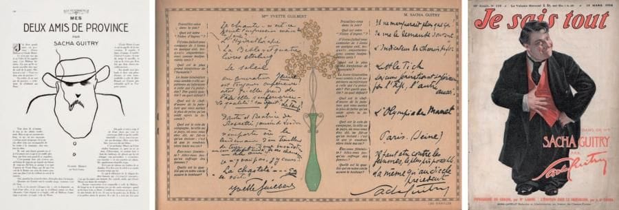 Sacha GUITRY
Textes publiés en revues, 1913-1915. Album Confidences, supplément au n° de Noël des Annales (1913), avec questionnaire et réponses en fac-similé (couv. ill.), dont Sacha Guitry. Je sais tout, 15 mars 1914: portrait de Sacha Guitry en couverture, et publication du Journal rapide de ma vie, illustré de photos et dessins. Le Flambeau, magazine de luxe édité par Le Matin: n° 1 (29 mai 1915, Manuel du comédien), n° 5 (26 juin, Mes deux amis de province, avec dessins de Guitry: Monet et Mirbeau); plus le n° 25 (13 novembre, avec compte rendu de la revue de Il faut l'avoir).