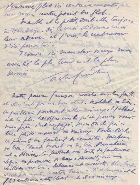 Sacha GUITRY
L.A.S., Dax [23 novembre 1914], à Alfred Natanson [Alfred Athis], au 34e Régiment Territorial d'Infanterie; 2 pages in-8, en-tête Grand Hôtel des Thermes, enveloppe. Il pense sans cesse à son « cher vieux Fred », s'inquiète de sa santé, et se met à sa disposition s'il peut l'aider. Il est à Dax, « pour m'y libérer (peut-être) de ce mal qui ne veut pas me lâcher »; Daragon est avec lui; Charlotte Lysès est à Juan-les-Pins avec Marguerite Moreno. « La boue sent la merde bouillie et l'on s'ennuie plus ici certainement que sur aucun autre point du globe ». Il donne des nouvelles: « Notre pauvre Quinson couche sur la paille et il n'est pas en bon état. Noblet va bien. Arquillière pourrait aller mieux. Ajalbert est le plus héroïque civil qu'on puisse voir. Mon frère s'est engagé. Mon oncle qui a bien failli mourir va mieux. Porto-Riche se présente au fauteuil de Lemaître. Mirbeau va bien. Claude Monet va très bien. Raunheim est à Brive-la-Gaillarde avec toute sa fortune. [...] Anatole France a été réformé et le fils d'Antoine a été blessé »...