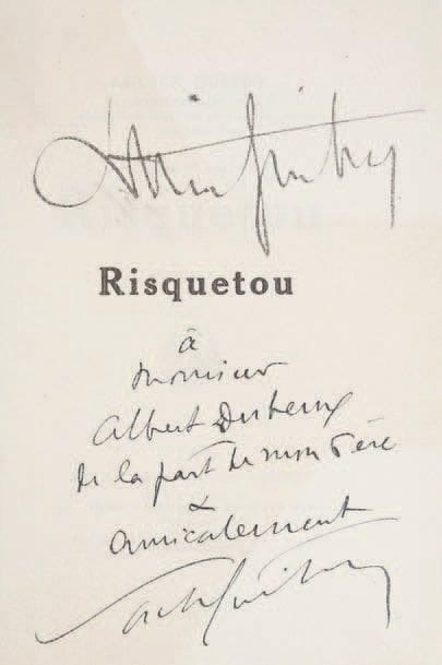 Lucien GUITRY
Risquetou, roman (Ernest Flammarion, 1918). In-12, broché, non rogné à toutes marges. Édition originale, un des 50 exemplaires sur Hollande (n° 49), signé par Lucien Guitry avec cet envoi par Sacha Guitry: « à Monsieur Albert Dubeux de la part de mon Père & amicalement, Sacha Guitry ». Luxembourg 471.