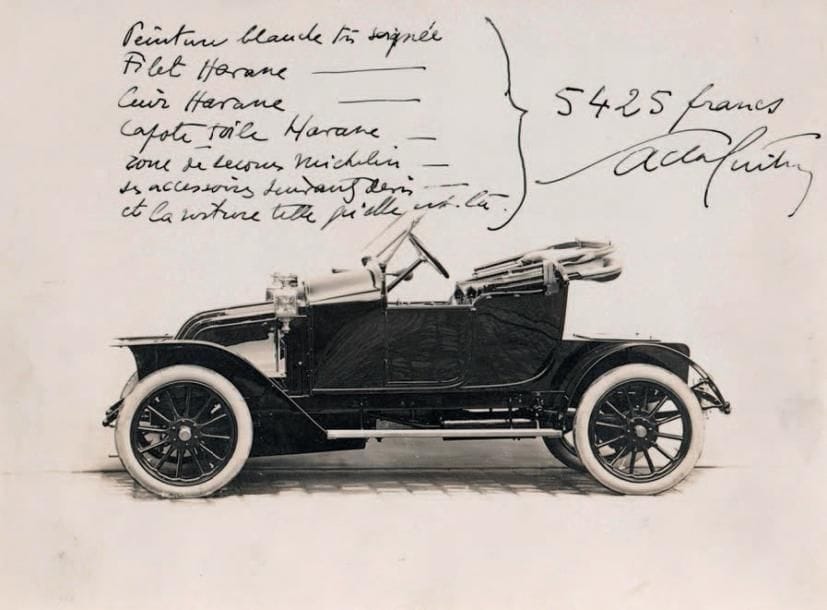 Sacha GUITRY
2 P.A.S. et 1 P.S., 1918 et s.d.; 1 page petit in-4, photographie 17 x 23 cm, et 1 page in-4. Certificat pour son chauffeur, 8 juin 1918: « Je certifie que Henri Bernard est resté à mon service une huitaine d'années et qu'il est un mécanicien de premier ordre, un conducteur parfait et un homme extrêmement bien élevé et de rapports fort agréables »... Photographie d'automobile annotée par Sacha Guitry, à vendre pour 5425 francs; « Peinture blanche très soignée [...] Cuir Havane. Capote toile Havane », etc. Descriptif de la « voiturette 9 HP Renault 1913, carrosserie Torpedo 2 places avec capote », etc., avec acceptation du prix à 5400 F. On joint une photographie d'automobile aménagée par le carrossier Henri Labourdette, avec amusant commentaire pour son ami Sacha Guitry. Luxembourg 473. ABCF p. 82.