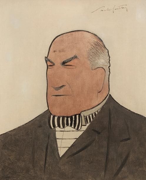 Sacha GUITRY
Lucien Guitry, [vers 1920 ?]. Huile sur toile, signée en haut à droite. 45 x 37 cm (2 petites réparations). Beau portrait en buste de Lucien Guitry (1860-1925). C'est le n° 1 de l'Exposition Sacha Guitry chez Bernheim jeune en janvier 1921, reproduit au catalogue. Luxembourg 122.