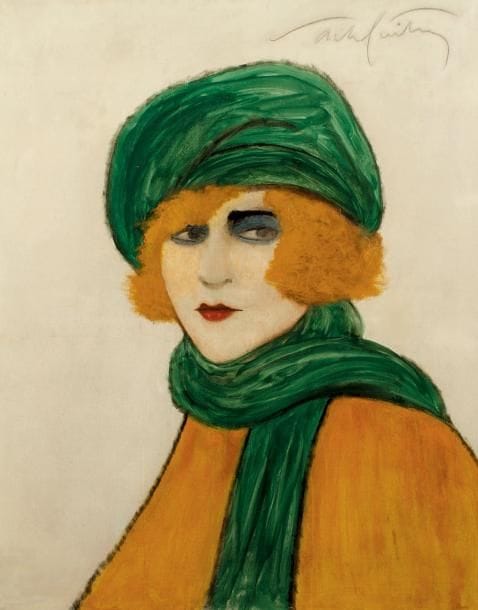 Sacha GUITRY
Yvonne Printemps. Huile sur toile, signée en haut à droite au crayon gras. 105 x 80,5 cm. Légère restauration en bas à droite. © Magnifique portrait d'Yvonne Printemps (1894-1977) en toque et écharpe verte.