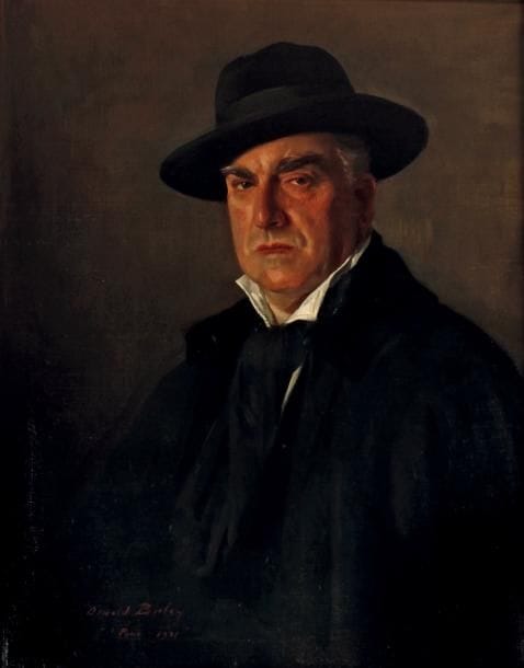 Oswald BIRLEY (1880-1952)
Lucien Guitry, 1921. Huile sur toile, signée et datée en bas à gauche: « Oswald Birley / Paris 1921 ». 82,5 x 65 cm. © Très beau portrait de Lucien Guitry (1860-1925) en cape noire et coiffé d'un chapeau, par le célèbre portraitiste anglais. Cette toile occupait la place d'honneur dans le fameux escalier monumental de l'hôtel particulier du 18, avenue Élisée- Reclus, comme on peut le voir page 21 du livre 18, Avenue Élisée-Reclus (1952). Luxembourg 431. SGVA 375.