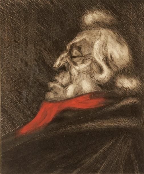 Jean AUSCHER (1898-1950)
Lucien Guitry. Eau-forte et aquatinte. 20 x 17 cm. © Saisissant profil à l'écharpe rouge de Lucien Guitry (1860-1925).