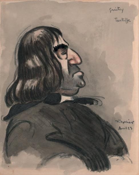 Jean TEXCIER (1888-1957)
Lucien Guitry en Tartuffe, avril 1923. Dessin aquarellé, signé et daté en bas à droite. 26 x 21 cm. Vigoureux portrait en buste de Lucien Guitry (1860-1925) dans le rôle de Tartuffe, qu'il a joué en mars-avril 1923 au Vaudeville. On joint un portrait de Lucien Guitry par Moraval, crayon gras et aquarelle, signé en bas à droite (23 x 20 cm).