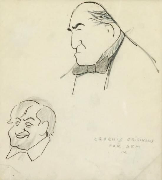 SEM (1863-1934)
Lucien et Sacha Guitry, [1923 ?]. Encre de Chine et mine de plomb sur papier calque. 14,2 x 13,2 cm (petite déchirure en bas à gauche sans toucher le dessin). © Études de têtes de Lucien Guitry et de son fils, probablement pour le dessin de couverture du n° du 27 octobre 1923 du journal Le Rire, « La Croix de Sacha », représentant Sacha et son père (n° joint). Luxembourg 413.