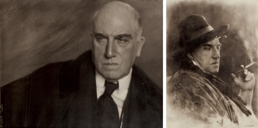 Charles GERSCHEL (1871-1930)
Lucien Guitry. Photographie signée en bas à droite; gomme bichromatée en sépia, montée sur carte, 39 x 28,5 cm. © Beau portrait de Lucien Guitry (1860-1925) à la fin de sa vie, coiffé d'un chapeau, fume-cigarette à la main. On joint un autre portrait photographique de Lucien Guitry (par Gerschel ?), tirage argentique sépia (35 x 45,5 cm, ©).