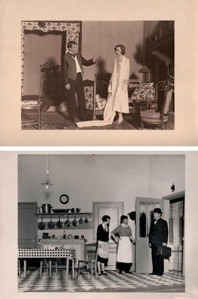 Lucien WALÉRY (1863-1935)
Désiré, [1927]. 2 photographies, tirages argentiques d'époque, la première en sépia et signée par le photographe en bas à gauche, la seconde avec cachet encre au dos. 23,5 x 29 cm et 2 de 24 x 18 cm. Désiré, comédie en 3 actes, fut créé au Théâtre Édouard VII le 28 avril 1927, avec Sacha Guitry dans le rôle-titre, et adapté au cinéma en 1937. Désiré (Sacha Guitry) et Odette Cléry (Yvonne Printemps); arrivée de Désiré dans la cuisine: Madeleine (Betty Daussmond), Adèle (Pauline Carton) et Désiré (Guitry). On joint le programme du Théâtre Édouard VII pour la création de Désiré (et 3 autres avec changements dans la distribution); le n° du 11 juin 1932 de Ric et Rac (article et caricature de Guitry et Printemps dans Désiré), et livraison du 25 janvier 1934 de Lisez-moi avec publication d'un extrait de Désiré (photo de SG en couv.).