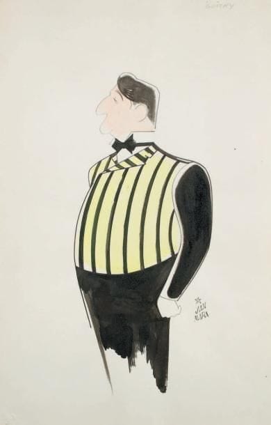 Jan MARA (1912-1992)
Sacha Guitry en Désiré. Encre de Chine et aquarelle, signé en bas à droite. 50 x 32 cm. Probablement lors d'une reprise de la pièce Désiré.