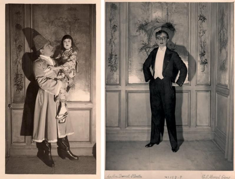 [Sacha GUITRY]
19 Photographies de la revue Et vive le théâtre !, par G.L. Manuel frères (13) et par Gerschel (5), [1930]. Tirages argentiques d'époque à la marque ou avec cachet des photographes. 29 x 21 cm environ chaque. La revue Et vive le théâtre !, en 2 actes et 15 tableaux, par Sacha Guitry et Albert Willemetz, fut créée le 24 mars 1930 au Théâtre de la Madeleine. 7 photographies du 14e tableau, « Chez les Monstres », avec Guitry en Ivan Limitroffet sa petite fiancée Rayon de Lune (Mlle Yocco); 6 photographies d'Yvonne Printemps dans différents costumes, et une avec Guitry (plus une de Guitry seul); 4 photographies d'autres protagonistes: Henry-Laverne, Boucot, Marthe Harel... On joint une photographie de Sacha Guitry en marlou dans une autre revue (par Henri Manuel); le programme du Théâtre de la Madeleine pour Et vive le théâtre !; et ceux de deux autres revues de Guitry et Willemetz: Vive la République ! (10 avril 1926, Théâtre Marigny) et À vol d'oiseau (12 novembre 1926, Théâtre Édouard VII). ABCF p. 140.