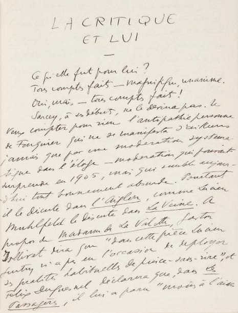 Sacha GUITRY
Lucien Guitry raconté par son fils. Lucien Guitry, sa carrière et sa vie racontées par Sacha Guitry, et illustrées de photographies de Ch. Gerschel ([Argenteuil, Imprimerie Coulouma], Ch. Gerschel, photographe-éditeur, 1930). In-4, reliure janséniste maroquin noir, doublures de maroquin noir avec filet argent et ex-libris Bernard Bloch-Levalois gravé en lettres argent, gardes de moire noire, contregardes de papier marbré, tranches dorées, couv. et dos conservés, étui (H. Blanchetière). Édition originale, un des cent exemplaires sur papier impérial du Japon spécialement imprimé pour Bernard Bloch-Levalois (n° 13), contenant un manuscrit autographe extrait de l'ouvrage: chapitre intitulé La Critique et Lui (6 pages in-4 avec insertion de 2 fragments dactyl.). Envoi autographe signé à Bernard Bloch-Levalois: « Combien mon Père vous eût aimé, Bernard, pour l'amitié fidèle et sûre que vous me témoignez Sacha Guitry ». Luxembourg 168. ABCF p. 141.