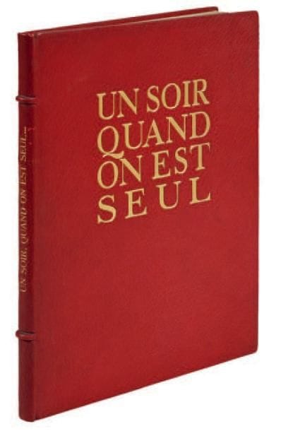 Sacha GUITRY
Un soir quand on est seul. Fantaisie en un acte et en vers libres ([Plon], impr. R. Couloma, 1930). In-4, reliure maroquin rouge avec titre en lettres dorées sur le plat sup., cadre intérieur à triple filet doré, doublures et gardes moire rouge, contregardes papier marbré (H. Blanchetière). Édition originale tirée à 500 exemplaires, un des 50 sur Japon impérial, « exemplaire imprimé pour l'auteur », de cette pièce créée aux Bouffes-Parisiens le 2 juin 1917 et reprise au Théâtre de la Madeleine le 23 mai 1930.