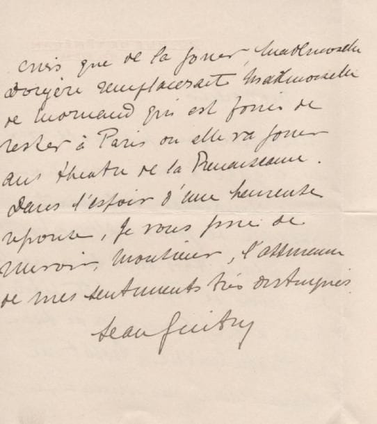 Jean GUITRY (1884-1920)
comédien et journaliste, frère aîné de Sacha Guitry. 2 L.A.S., [1903-1910 ?]; 3 pages et demie in-8, la première à en-tête Théâtre de la Renaissance.[Décembre 1903 ?], à Maurice Donnay, demandant des places pour la générale au Gymnase [Le Retour de Jérusalem]: « Je vous demande cela au nom de toute la famille car je seraile seul à pouvoir aller vous applaudir »... 20 rue de Téhéran, [vers 1910 ?], demandant de reprendre aux Beaux-Arts L'Aff reux Homme de Mirande: « cette petite pièce a eu beaucoup de succès au Théâtre Michel. Noblet ne demanderait pas mieux je crois que de la jouer, Mademoiselle Dorgère remplacerait Mademoiselle de Mornand qui est forcée de rester à Paris où elle va jouer au Théâtre de la Renaissance »... On joint une photographie du cortège des obsèques de Jean Guitry (20 septembre 1920), mené par Lucien et Sacha (barbu). Luxembourg 344 et 344 bis.